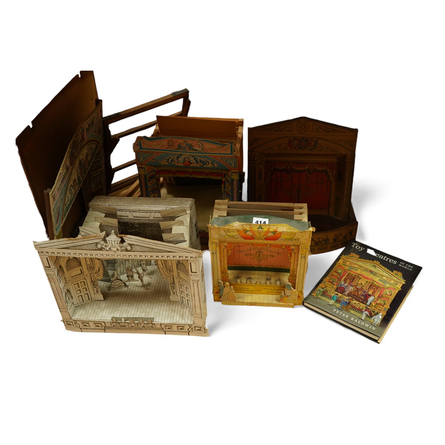 Five card toy theatres and a book The World of Toy Theatres, by Peter Baldwin. Largest front panel 36.5cm high